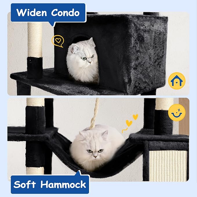 Cat Craft Cat Tree 63 Inch Cat Tower for Indoor Cats, Multi-Level Cat Tree for Large Cats 20 lbs+ Heavy Duty Cat Tower with Sisal Scratching Posts, Hammock, Condo and Extended Platform, Black