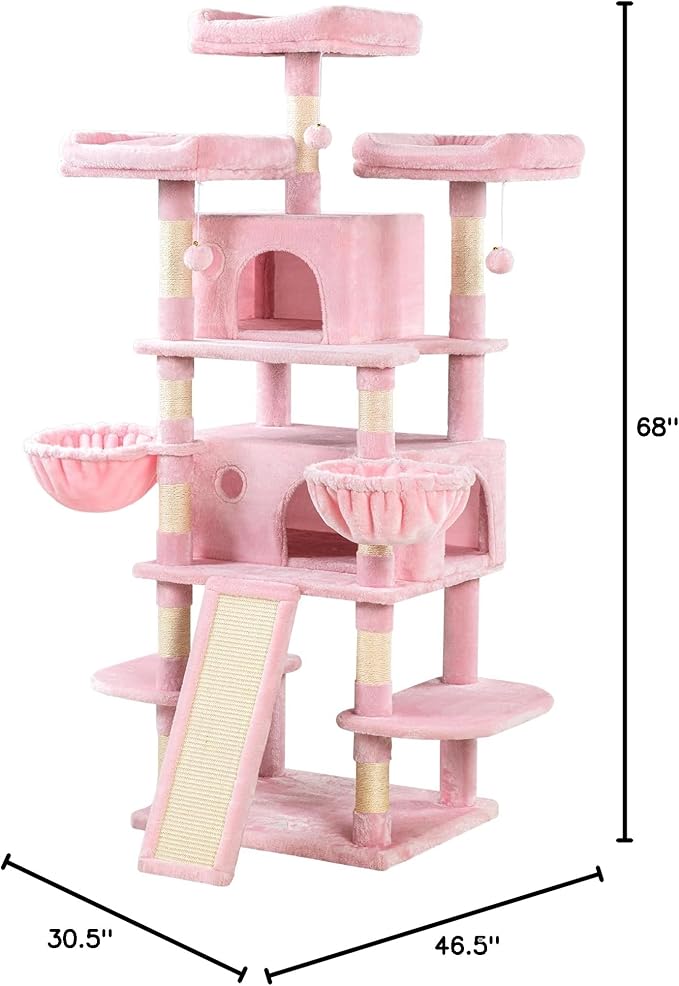 MUTICOR 68 Inches Multi-Level Large Cat Tree Tower with Condo/Cozy Plush Perches/Sisal Scratching Posts and Hammocks/‌Feline Activity Center Play House/Wide Base/Pink
