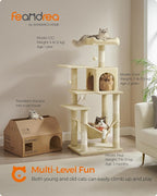 Feandrea Cat Tree, 55.1-Inch Cat Tower, Plush Multi-Level Condo with 4 Scratching Posts, 2 Perches, Hammock, Cave, Beige UPCT161M01