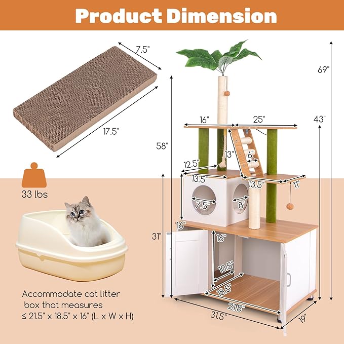PETSITE Cat Tree with Litter Box Enclosure, Multi-Level Modern Cat Tree Tower with Sisal Scratching Posts, Cat Condo, Ladder, Dangling Balls, Interactive Sisal Rope, and Hidden Litter Box