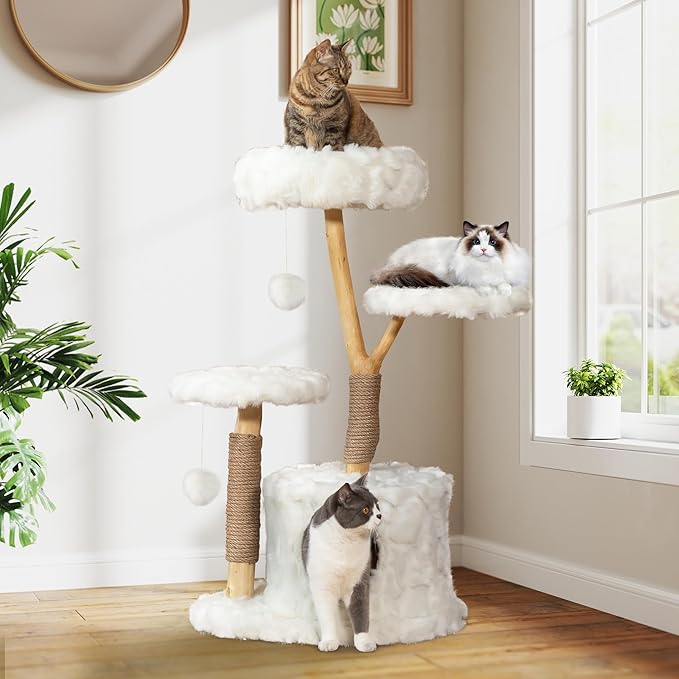 COZIWOW Modern Cat Tree Tower, Cloud Cat Tree with Solid Natural Wood Scratching Post, Luxury Condo & Perches, Aesthetic White Cat Furniture for Indoor Large Cats, 34" L X 17.7" W X 41.7" H