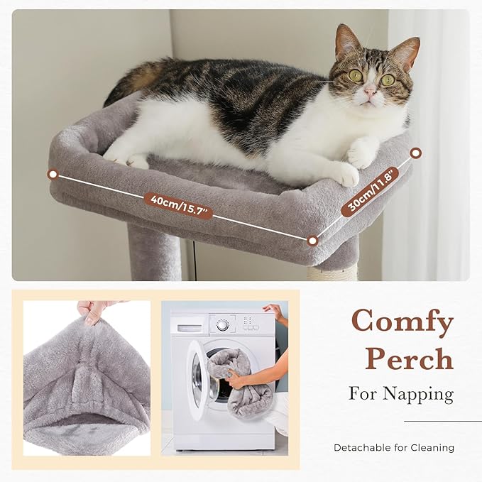 PEQULTI 60'' Cat Tree, Tall Cat Tower with 2 Large Condos, Wide Top Perch, Cozy Hammock and Sisal Scratching Posts for Indoor Cats Lare Adult Gray