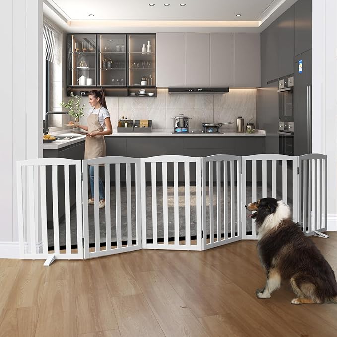 Freestanding Dog Gate Indoor,Doggie Gate Foldable Dog Gates for Doorways,Stairs or Hallways, Wooden White Pet Gate for The House, Pet Fence with Support Feet Included,32 "Height-6 Panels