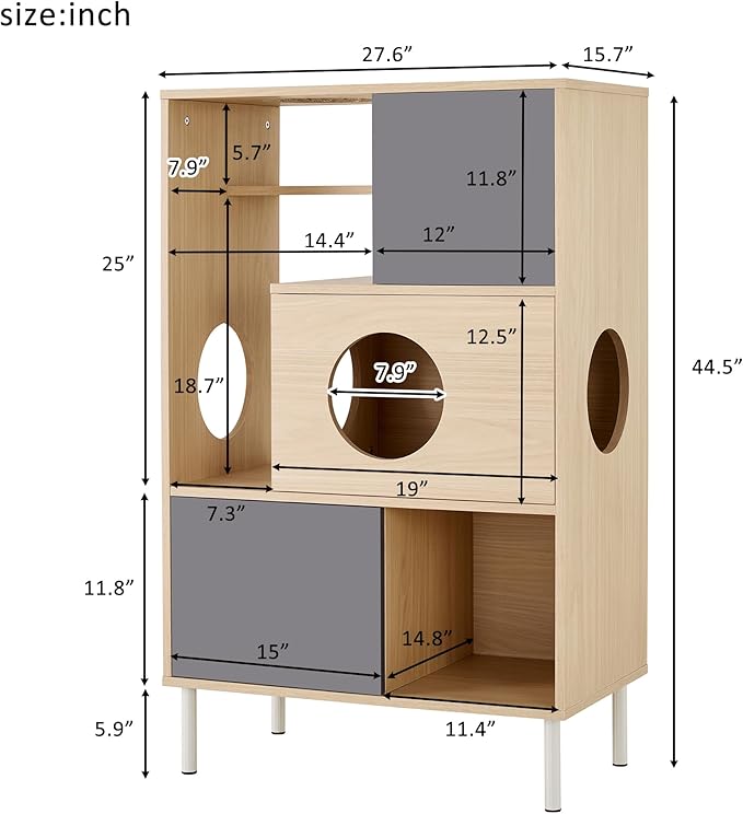 Modern 2-in-1 Cat Tree Bookshelf with Hidden Litter Enclosure - Space-Saving Wood Design, Multi-Level Cat Shelves & Storage, Natural + Grey Finish for Indoor Use