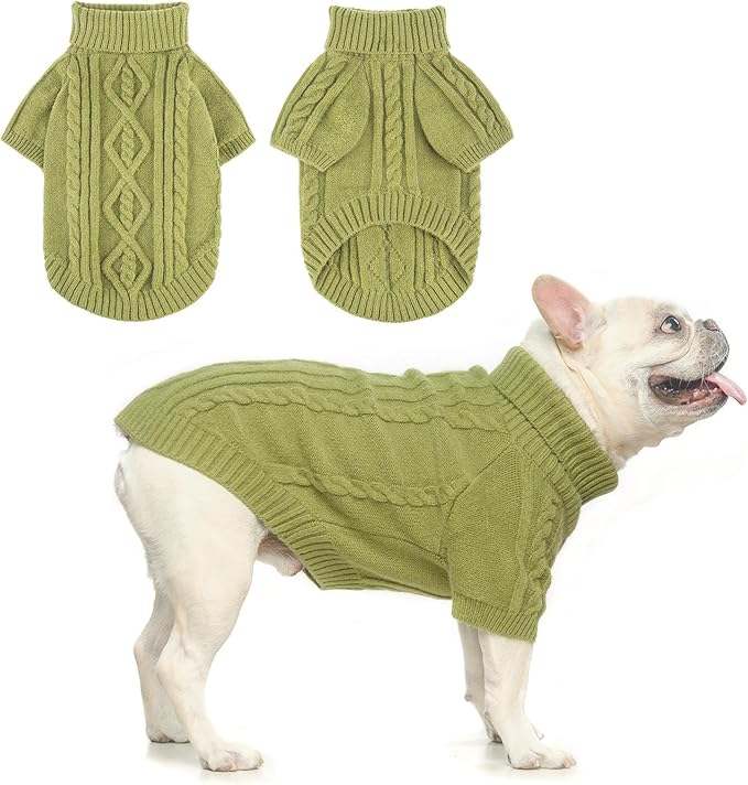BEAUTYZOO Small Dog Sweater-Dog Sweatshirt Pullover Cable Knit Wear Classic Turtleneck Thick Cold Weather Clothes for Small Dogs, Medium Dogs, Puppies,Green Cable S/M (Back: 14",Chest: 18", Neck: 11")