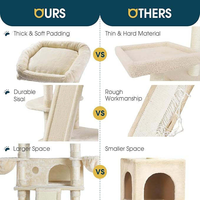 WEEWAY 68 Inches Multi-Level Large Cat Tree for Feline‌/Big Tower/Condo/Cozy Plush Kitty Perches/Fluffy Balls/Sisal Scratching Posts and Hammocks/Cave/Furniture Activity Center/Beige