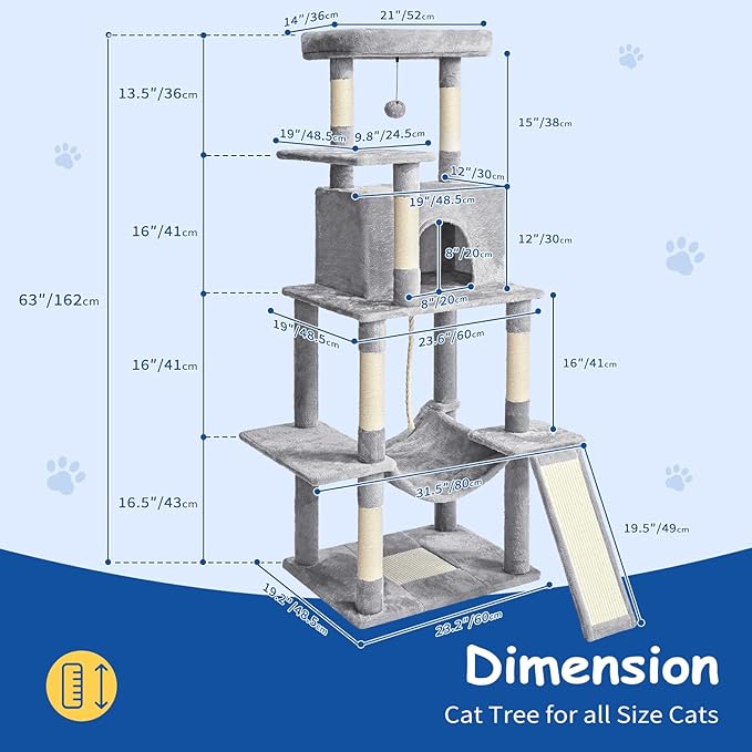 Cat Craft Cat Tree 63 Inch Cat Tower for Indoor Cats, Multi-Level Cat Tree for Large Cats 20 lbs+ Heavy Duty Cat Tower with Sisal Scratching Posts, Hammock, Condo and Extended Platform, Light Grey