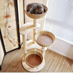Modern Wood Cat Tree for Large Cats,Luxury Rattan Oak Solid Cat Trees Towers，3 Weaving Cat Nests & Washable Cushions, Sisal Scratching Posts,Cat Condo for Indoor Cats, Varnish, Easy Clean (Large-O1)
