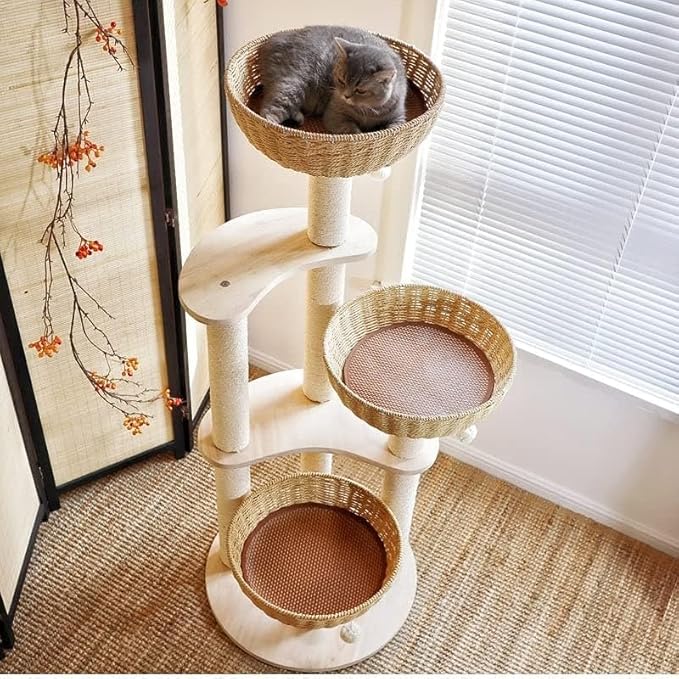 Modern Wood Cat Tree for Large Cats,Luxury Rattan Oak Solid Cat Trees Towers，3 Weaving Cat Nests & Washable Cushions, Sisal Scratching Posts,Cat Condo for Indoor Cats, Varnish, Easy Clean (Large-O1)