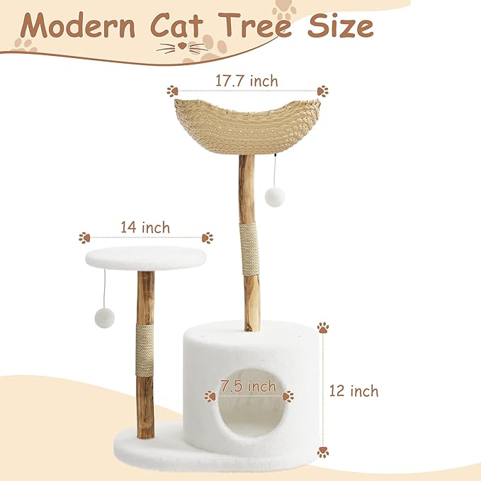 Jojoka Modern 46" Durable Wood Cat Tree Tower for Large Indoor Cats – Luxury Multi-Level Cat Condo with Real Wood Branch, Wicker Basket Bed, Scratching Posts, Pom Pom Balls, Boho Aesthetic