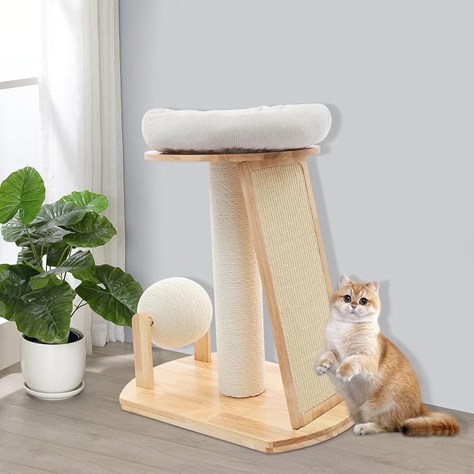 Wooden Cat Tree with Cuddle Bed and Scratching Posts, Multi-Level Cat Tower with Ramp and Ball, Compact Cat Furniture for Indoor Cats, Rubberwood Sisal Cat Climber for Small Spaces ﻿ (Style 1)