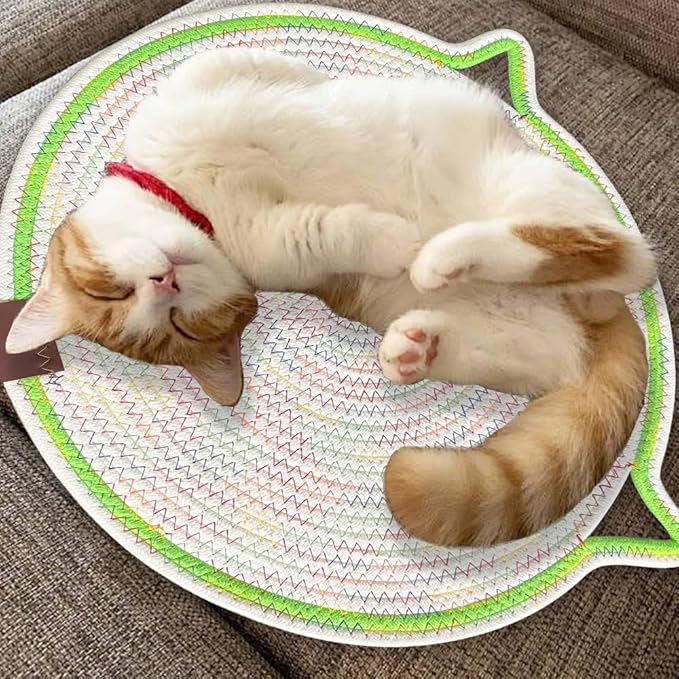 Personalized Cat Scratcher Mat, Customized with Name Text Natural Cotton Rope Round Horizontal Cat Scratching Pads with Ball Toy, Cat Furniture Protector for Wall, Couch, Carpets, Sofa (Green)