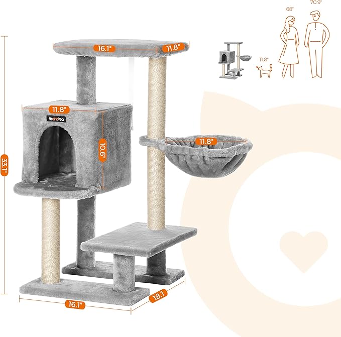 Feandrea Cat Tree, Small Cat Tower, 33.1-Inch Cat Condo with Basket, Cat Cave, Removable Washable Cover for Top Perch, for Small Spaces, Light Gray UPCT142W01