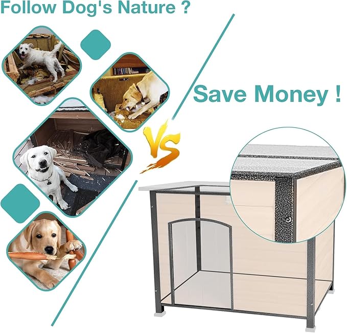 Indoor/Outdoor Dog House with Iron Frame - All-Weather Wooden Pet Shelter for Medium/Large Dogs (Grey, L)