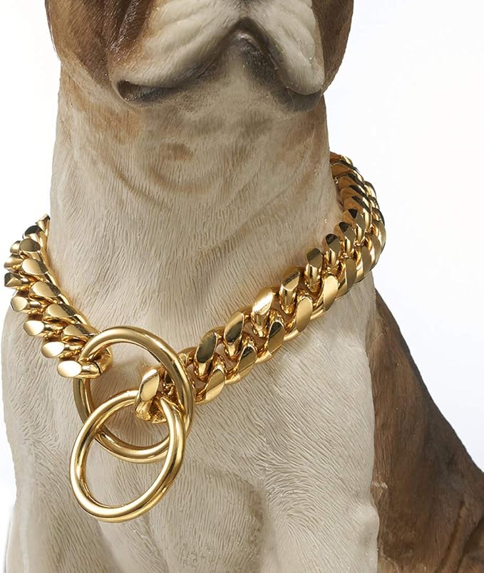 Strong 18K Gold Plated Dog Chain Collar Stainless Steel Width 10mm,12mm,15mm,18mm Cuban Link Choke Collar for Dog's Training,Daily Use (15mm,16inch)
