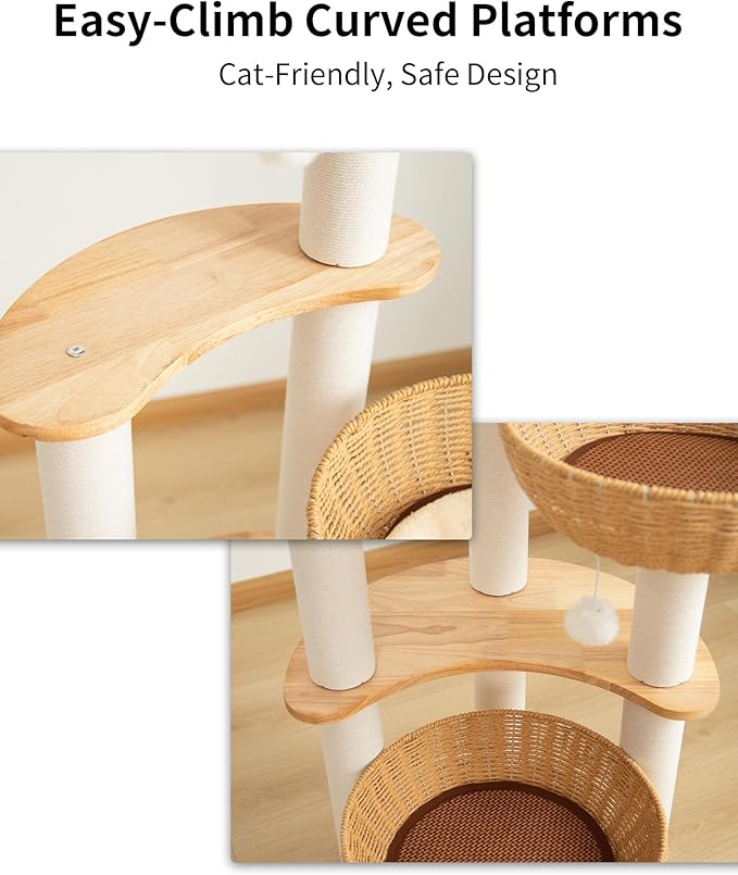 Modern Cat Tree for Large Cats, Wood Cat Tower 3 Condo Perch Heavy DutyBase with Cotton Scratch Post for Indoor Big Cats (90755)