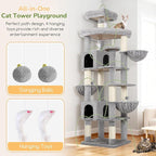 Globlazer Extra Large Cat Tree Tower, 82in Tall Heavy Duty Cat Tree for Indoor Cats Large Adult Big Cat Tower with 8 Scratching Posts, 2 Cat Condos, 2 Top Perches, 3 Hanging Baskets, S82, Light Grey
