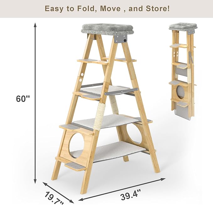 GDLF Modern Wood Cat Tree Foldable Ladder Design with Hammock & Sisal Scratch Post, Solid Wood Tall Tower for Large Cat Easy Clean 60" H