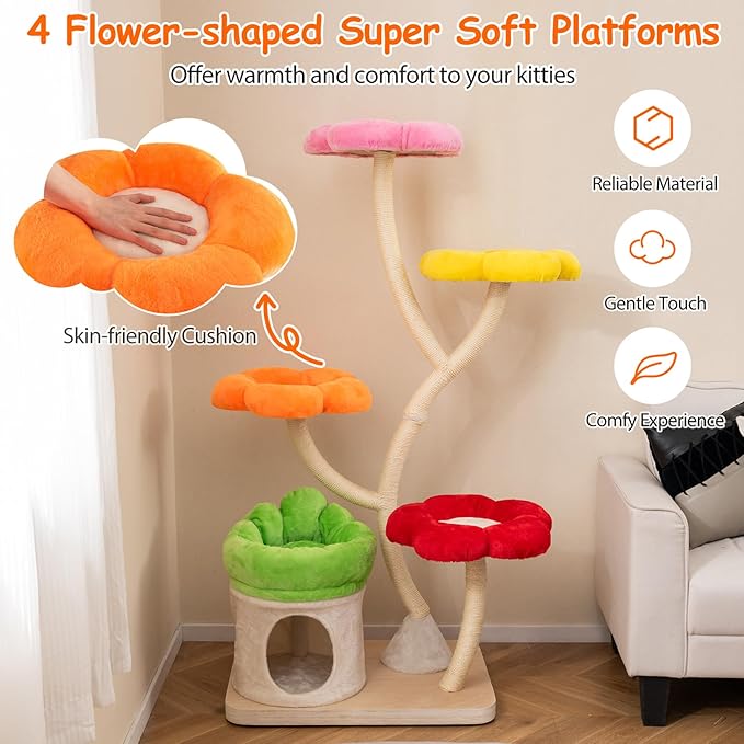 Tangkula Cat Tree Tower, 65 Inch Tall Cat Tower with Sisal Scratching Posts, Flower-Shaped Platforms, Padded Cat Condo, Modern Cat Tree for Indoor Cats Large Adult (Colorful)