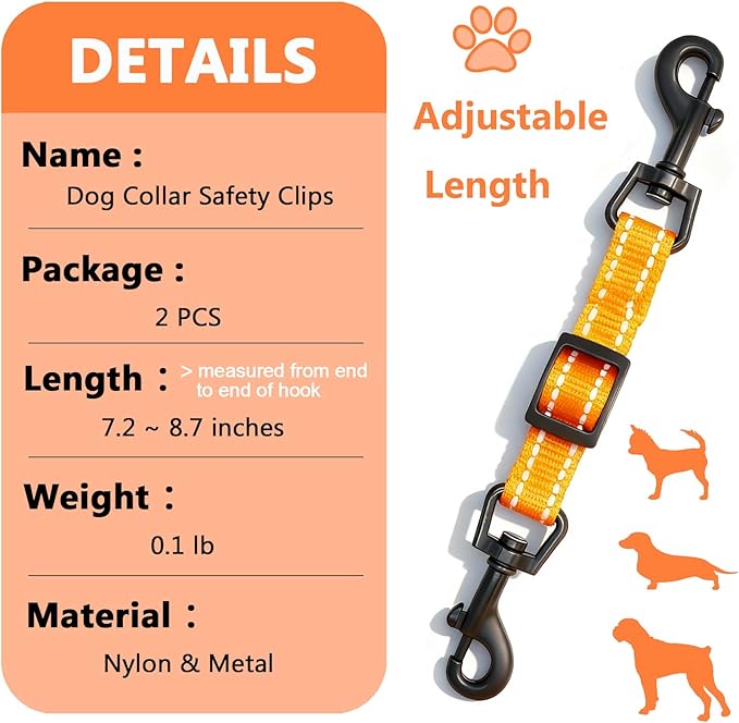 2 Pcs Dog Collar Safety Clips with Double Ended Clasps | Adjustable Collar Backup Clip for Dog Harness & Collars Connectors, Training for Walking, Running, and Hiking, Safety Clip - Orange