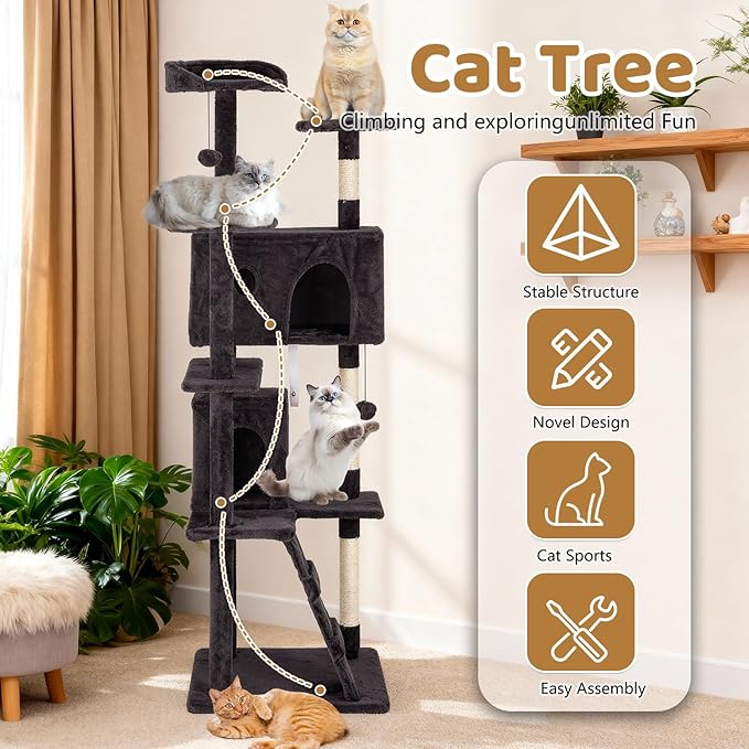 BestOffice 70 Inch Cat Tree, Multi-Level Cat Tower with Condo, Perches, Sisal Scratching Posts, Climbing Ladder,Indoor Activity Center Play House for Kittens & Adult Cats, Ashy