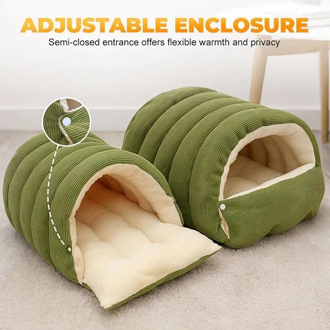 Removable and Washable Winter Closed-Off Cat Bed, Cutypet Winter Cave, Warm Foldable Secure Pet Nest for Indoor Cats & Small Dogs, Comfor Plush Snuggle Hut for Kitty, Puppy, Pets (Linen-Green,L)