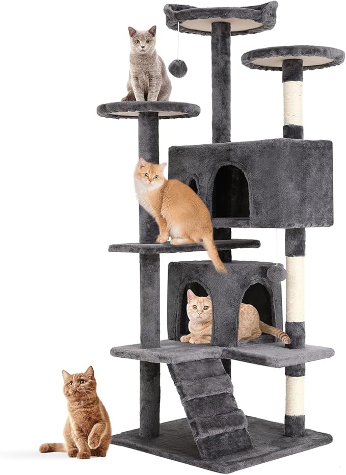 Cat Tree 69.3 inches Cat Tower for Indoor Cats Cat House with Replaceable and Removable Dangling Ball Cat Trees and Towers with Funny Toys, Light Gray