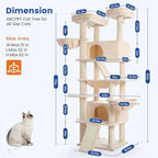 Cat Tree 82 in Multi-Level Cat Tower for Indoor Cats, Heavy Duty Large Cat Tree with Sisal Scratching Posts, Hammock, 2 Perches, 2 Condos, 2 Hanging Baskets, Beige