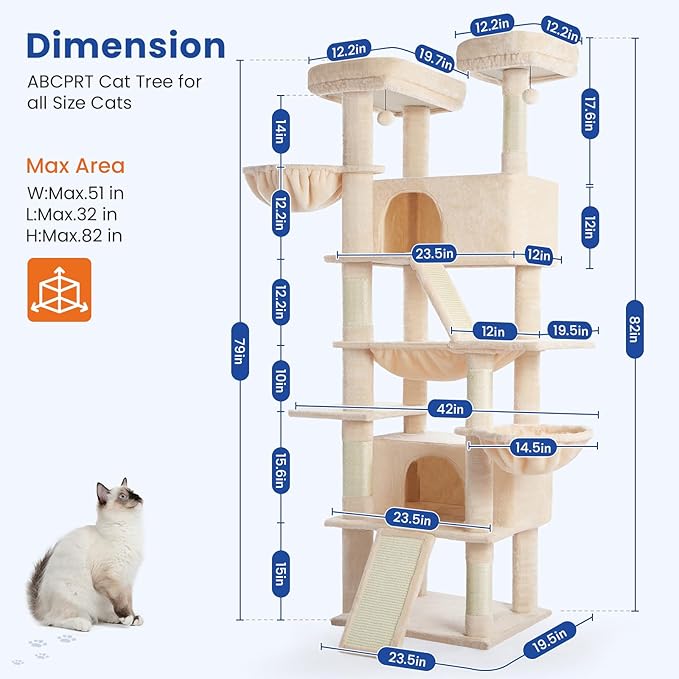 Cat Tree 82 in Multi-Level Cat Tower for Indoor Cats, Heavy Duty Large Cat Tree with Sisal Scratching Posts, Hammock, 2 Perches, 2 Condos, 2 Hanging Baskets, Beige