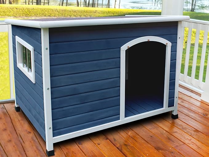 40" Wooden Outdoor Dog Houses, Waterproof Dog House Outside with Window & Door Flap Waterproof Dog House Outdoor Indoor, Assemble Easily-Blue