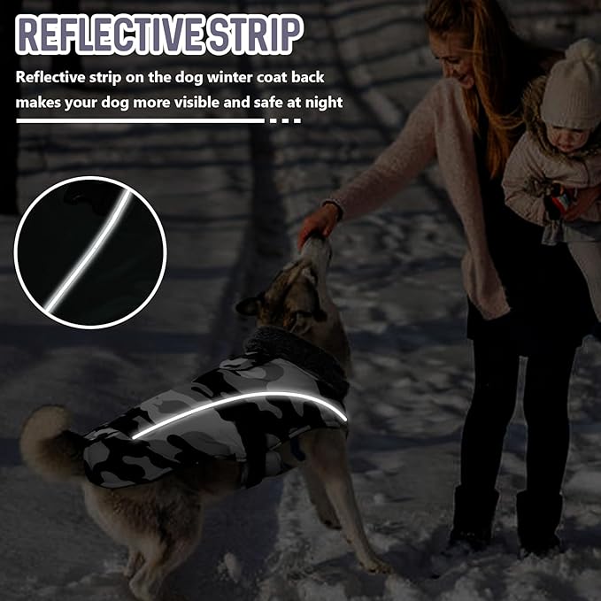 DENTRUN Large Dog Winter Coat - Windproof Reflective Warm Coat, Adjustable Neck & Snap Closure, Water Repellent Thick Fleece Vest, Fleece Lined for for Golden Retriever, White Camo, XL