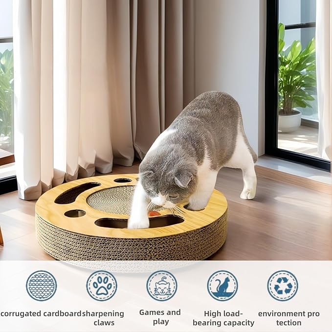 3-in-1 Cat Scratcher Toy, 13 Inch Round High-Density Corrugated Paper Puzzle Mat & Lounge for Indoor Cats, Reinforced Scratch-Resistant Board for Furniture Protection（Wood Color）