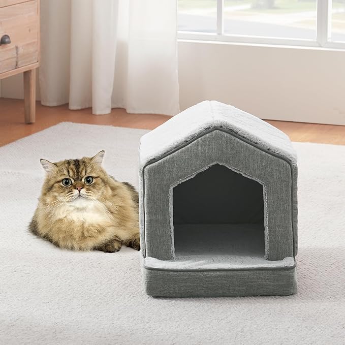 Orthopedic Cat House for Indoor Cats,Small Dogs,Super Soft Cat Bed Cave,Condos, Cubes,Cat Hideaway,Covered,Cat Bed for Kitty Small Medium Large Pet (Gray, 18" L x 15" W x 17" Th)