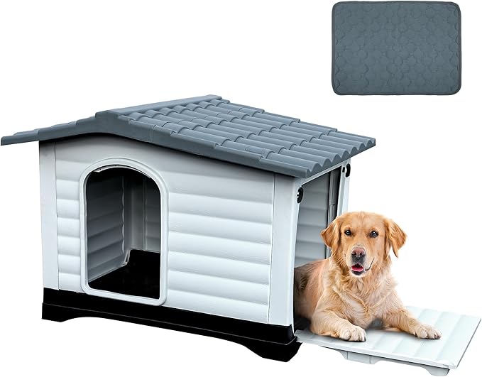 YITAHOME 2-Door Large Dog House with Elevated Base & Cushion, Plastic Pet House for Small and Medium Dogs, Easy Assembly, Waterproof for Indoor/Outdoor Use (36''L x 27.1''W x 26''H)