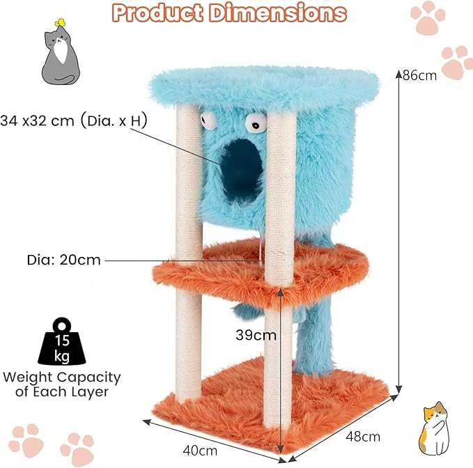 PETSITE 34 inch Monster-Themed Cute Cat Tree, Modern Cat Tree Tower with Sisal Scratching Posts, Cat Condo, and Hanging Dangling Toys, Long Plush Covered Surface