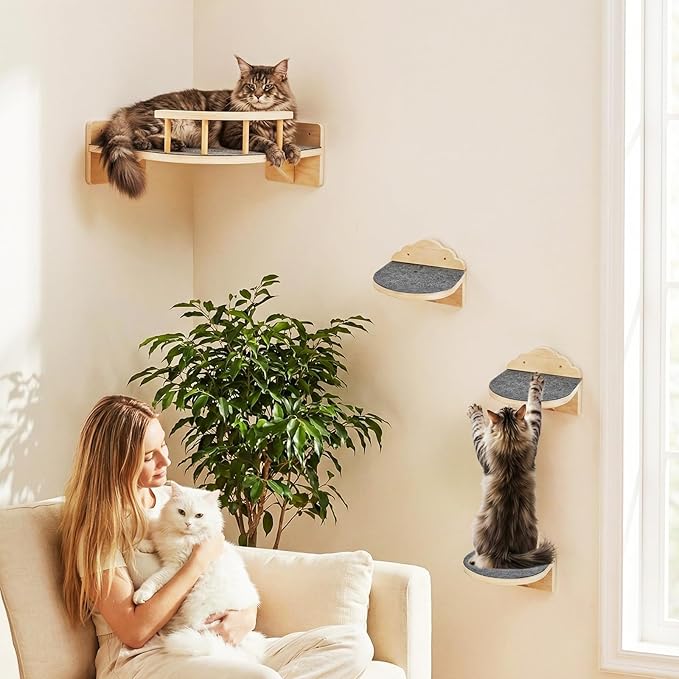 Cat Shelves for Wall, Corner Cat Wall Shelf with 3 Wide Steps, Wooden Wall Mounted Cat Shelf for Indoor Cats, 30 lb Capacity, Removable Plush Pads, Cat Climbing Perch Set for Large Cats