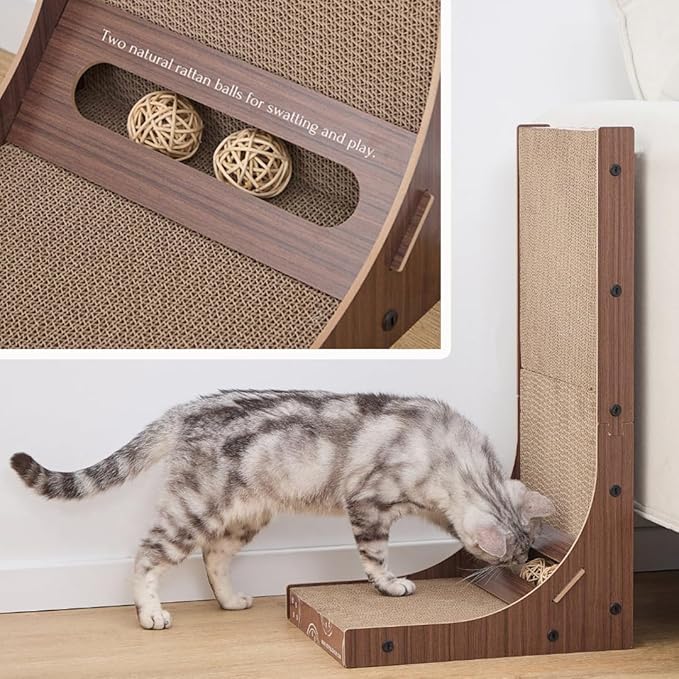 Petpals Cardboard Cat Scratching Pad, 24" Double Side L Shaped Corrugate Cardboard Scratching Pad, Couch Sofa Protector Scratcher,Cat Scratcher with Rattan Ball Toys.