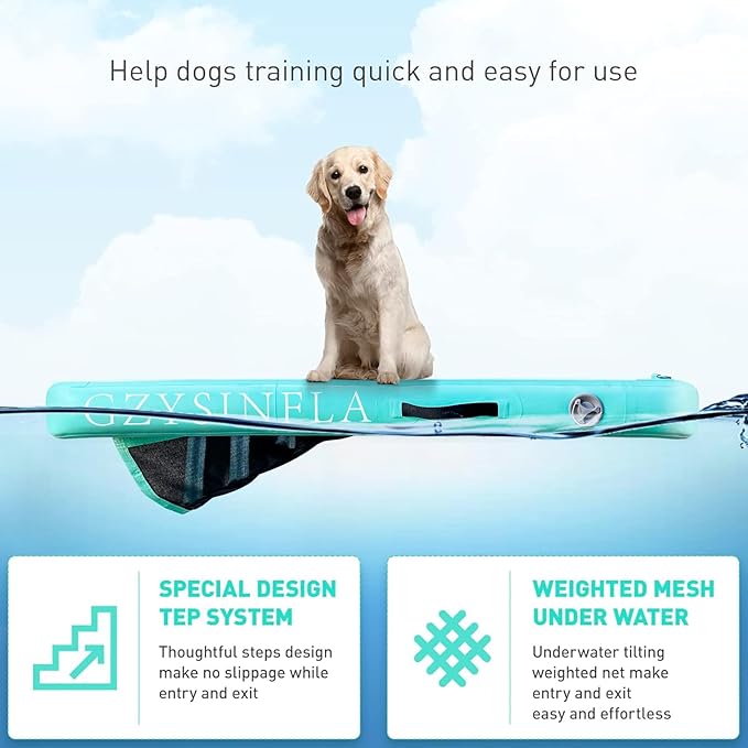 Inflatable Large Dog Water Ramp Float Floating Ramp-Swimming Pets Up to 200 Pounds Large Dogs-Inflatable Stairs for Boats, Docks, with Pump/Rope/Repair Kit - PVC Anti-Slip Fabric