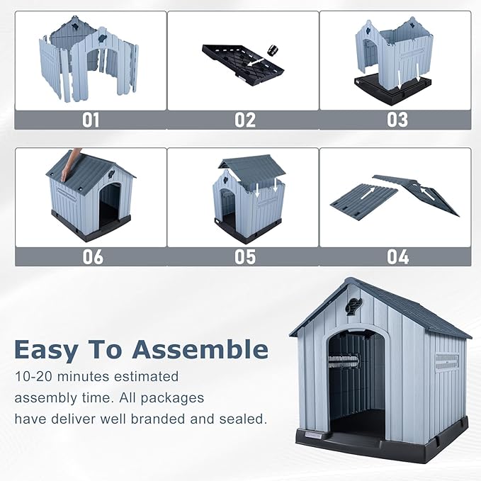 LEMBERI Durable Waterproof Plastic Dog House for Small to Medium Sized Dogs, Indoor Outdoor Doghouse with Air Vents and Elevated Floor, Easy to Assemble (Gray, 33.5" L x 31.5" W x 33.9" H)