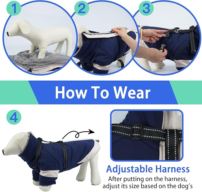 MIGOHI Rainproof Dog Winter Jacket with Harness,XXL Large Fleece Dog Coat with Sleeves,Adjustable Pet Puffer Jacket Snowsuit Cold Weather Coats for Golden Labrador Retriever,XXL,NavyBlue