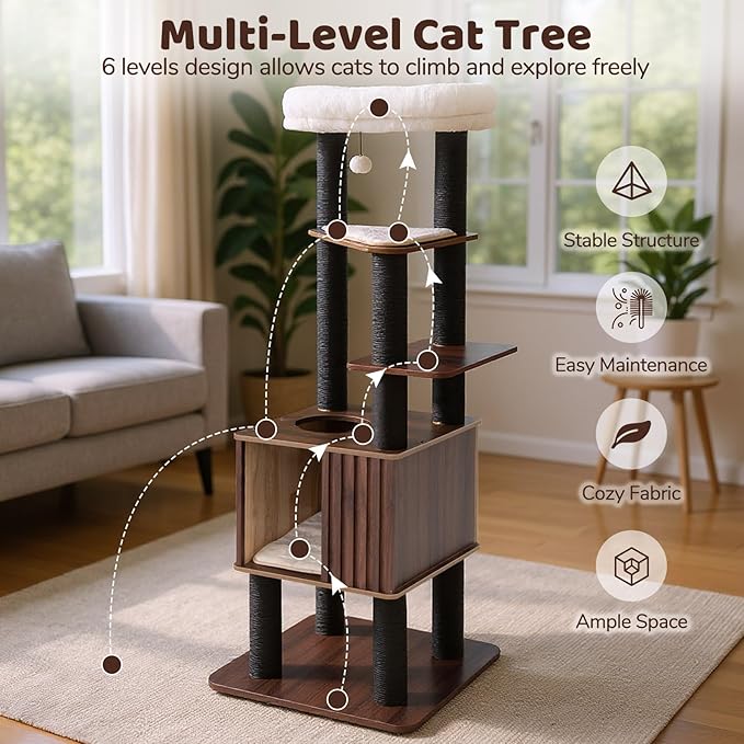 PETSITE 64-inch Wooden Cat Tree, Multi-Level Modern Cat Tower with Scratching Posts, Spacious Condo with Top Cat Hole and Removable Soft Pad, Comfy Padded Top Perch, and Dangling Ball