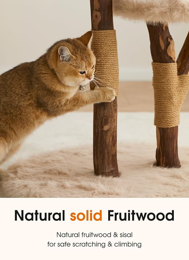 59" Modern Cat Tree Tower for Large Indoor Cats, Perches-Natural Solid Wood Cat Tower with Sisal Scratching Post, Perches, Hammock & PlayBalls, Aesthetic Boho Cat Furniture