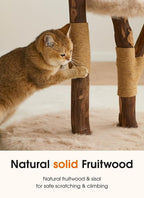 59" Modern Cat Tree Tower for Large Indoor Cats, Perches-Natural Solid Wood Cat Tower with Sisal Scratching Post, Perches, Hammock & PlayBalls, Aesthetic Boho Cat Furniture