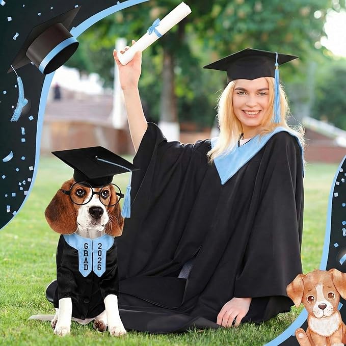 5 Pcs Dog Graduation Costume Set Include 2026 Pet Graduation Gown with Stole Puppy Grad Cap Lensless Glasses DIY Letter Stickers for Dogs Cats Holiday Costume Accessory(Black Light Blue,L)