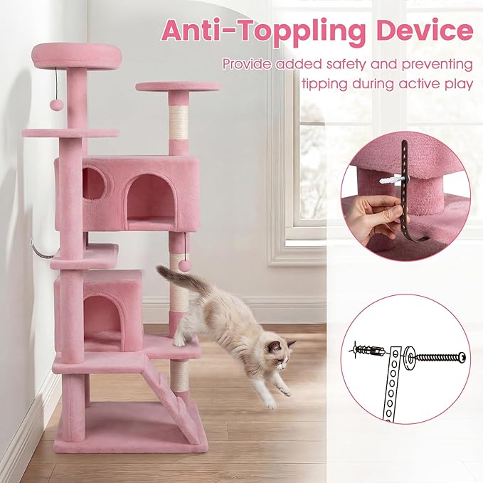 PETSITE 52-inch Cat Tree, Multi-Level Cat Tower with Sisal Scratching Posts, 2 Comfy Condos, Plush Padded Soft Top Perch, Dangling Balls, and Climbing Ladder, Ideal for Indoor Cats (Pink)