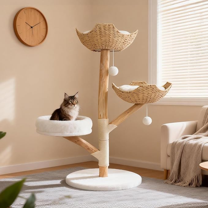 Wood Modern Cat Tree Tower for Large Cats, 47" Tall Cat Climbing Tower with Scratching Post, Luxury Cat Tree for Indoor Cats Large Adult, White