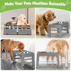Elevated Raised Dog Bowl Stand with 2 Stainless Steel Bowls, Adjustable Height for Medium Large Dogs, 12.36" - 3.7" Foldable Feeder, Grey