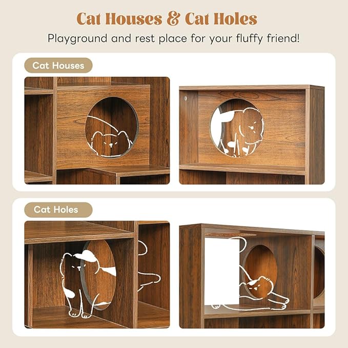 63.5" Cat Tree with Litter Box Enclosure & Bookshelf, Modern Cat Tower with Built-in Cat Houses, Multi-Tier Storage Shelf Cat Furniture for Indoor Cats,Brown