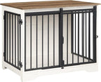 31.9" Dog Crate Furniture with Barn Door, Heavy Duty Dog Kennel Indoor with 2 Doors, Wooden Pet Cage End Table for Small Medium Dogs up to 44 lb, Anti-Chew Anti-Escape, White Brown DFC83614B