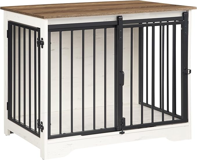 31.9" Dog Crate Furniture with Barn Door, Heavy Duty Dog Kennel Indoor with 2 Doors, Wooden Pet Cage End Table for Small Medium Dogs up to 44 lb, Anti-Chew Anti-Escape, White Brown DFC83614B